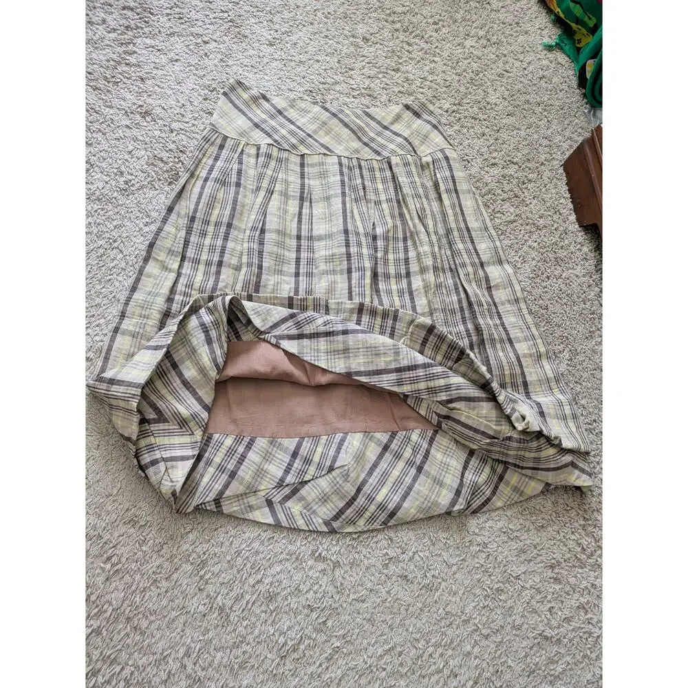 Lilith Heavy Linen Plaid Bubble Skirt Womens M/40 Brown-Yellow Prairie Lagenlook